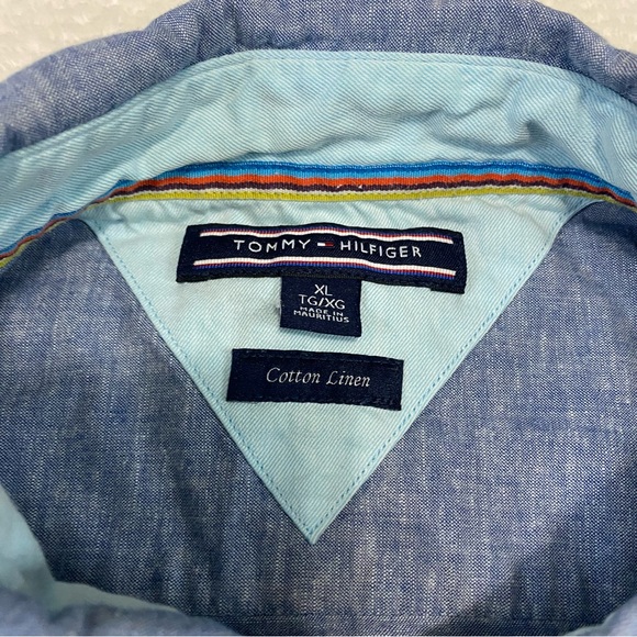 Tommy Hilfiger Shirt Men XL Chambray Short Sleeve Button Down Linen Blend - Picture 4 of 11